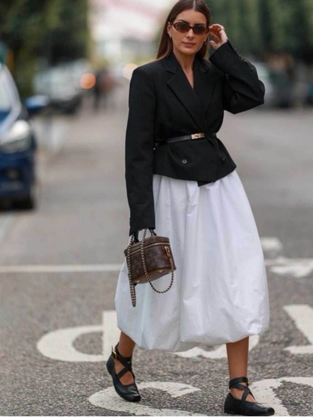 Zara White Balloon Midi Skirt with Black Blazer